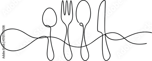 Continuous Line Art Utensils, Single Line Spoon, Fork, Knife for Hotel, Cafe, and Kitchenware Design