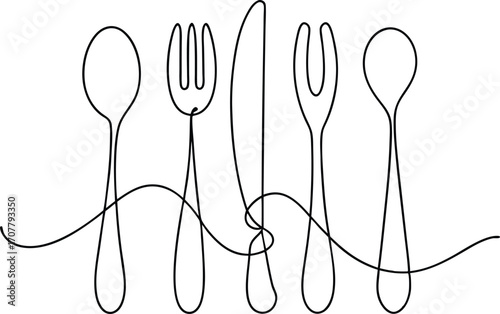 Cutlery Continuous Line Art | Elegant One Stroke Drawing of Spoon, Fork, Knife Vector