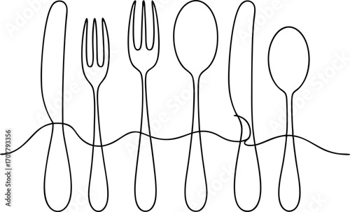 Cutlery Continuous Line Art | Elegant One Stroke Drawing of Spoon, Fork, Knife Vector