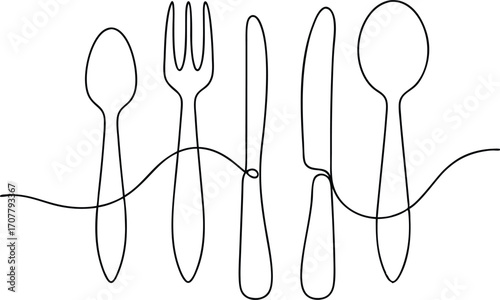 Minimalist One Line Cutlery, Hand Drawn Continuous Single Line Art of Eating Utensils