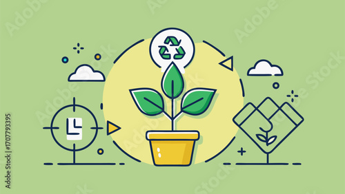 Young plant in a yellow pot symbolizing growth, recycling and sustainability with eco icons on a green background