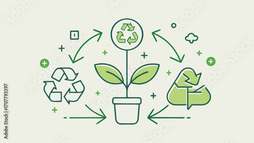 Green plant in a pot surrounded by recycling arrows and eco symbols representing sustainability and environmental care