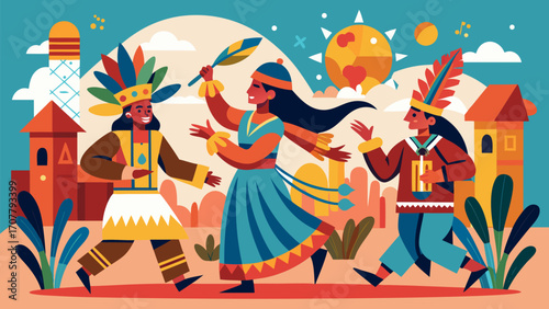Happy people in traditional tribal clothing dancing and celebrating with music and feathers under a bright sun in a colorful village