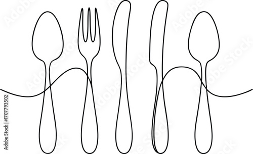 Continuous One Line Drawing of Cutlery Set, Single Line Art of Spoon, Fork, and Knife, Minimalist Kitchen Vector