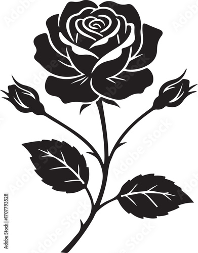 Black Rose Elegance: An exquisitely crafted silhouette of a blooming rose, showcasing delicate petals and verdant leaves, embodies classic beauty and timeless charm.