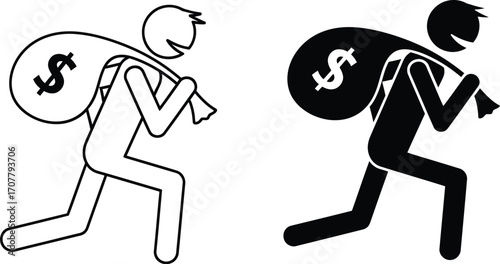 Person carrying a large bag of money with a dollar sign, symbolizing wealth and theft.