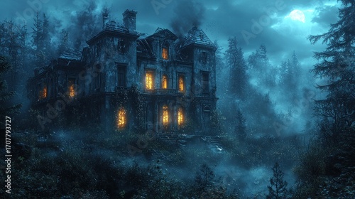 Ruined mansion in misty forest at night, lit windows.
