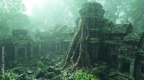 Ancient temple ruins overgrown by jungle trees and vines in misty atmosphere.