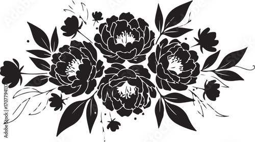 Elegant Floral Silhouette: A refined monochrome silhouette showcases the delicate beauty of peonies, featuring a graceful arrangement of petals and leaves.