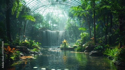 Lush indoor tropical garden with waterfall and pond.