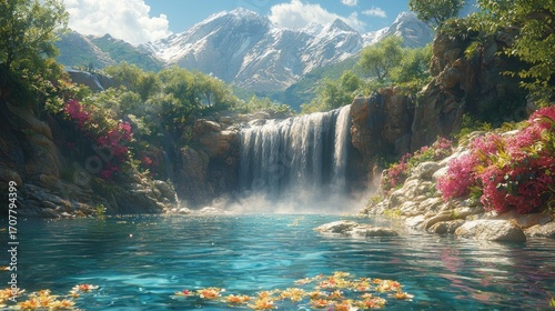 Serene waterfall cascading into a vibrant mountain lake, surrounded by lush greenery and blooming flowers.