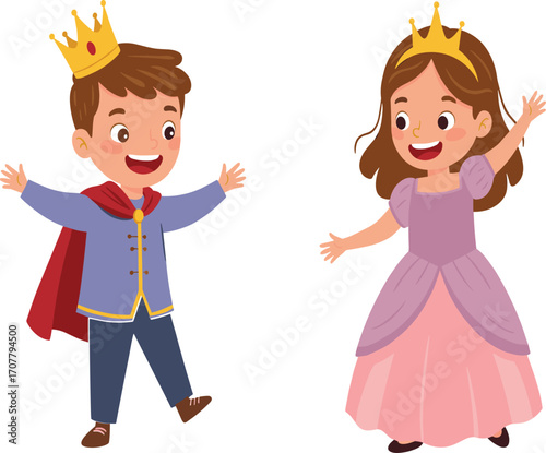 Cartoon prince and princess in royal costume, joyful children raising hands, fantasy character design for kids, vector illustration isolated