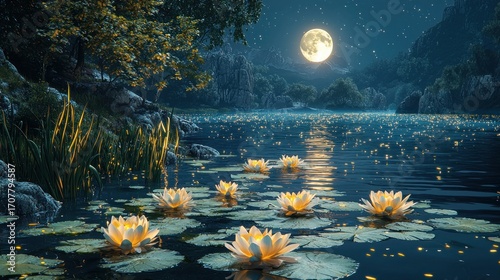 Moonlit lake with glowing water lilies.