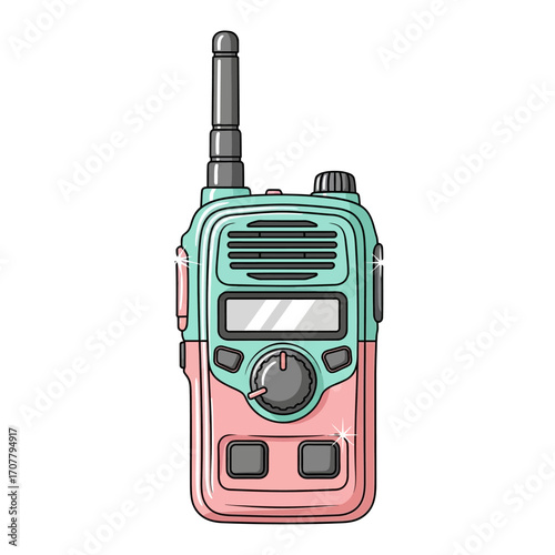 Cute retro pink and teal walkie-talkie illustration. A vintage two-way radio communication device isolated on a white background