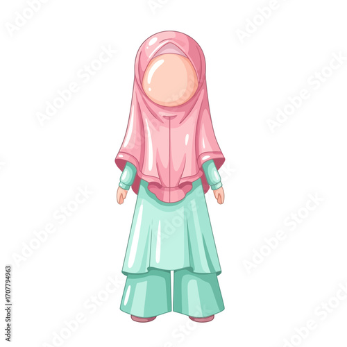 Cute cartoon illustration of a young Muslim girl wearing a pink hijab and modest turquoise abaya, faceless Islamic character design
