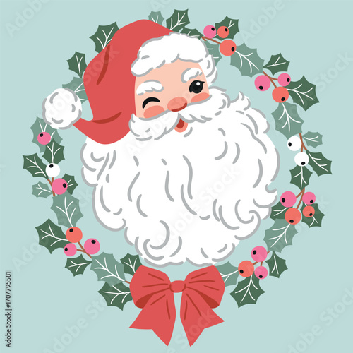 Hand drawn vector Santa Claus head on isolated background. Vintage Christmas print clipart. Perfect for card, logo or nursery print design. EPS10 vector file.