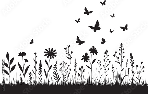 Serene Silhouette: Delicate black silhouettes of blooming wildflowers, lively grass, and graceful butterflies against a clear, bright sky, creating a peaceful, natural image.