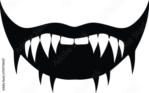 Vampire Teeth Fake Fangs Silhouette Vector Illustration. Black Silhouette of Scary Vampire Teeth for Halloween