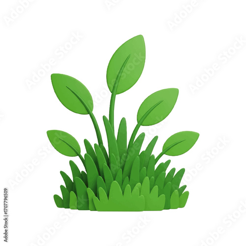 Isolated 3D icon of a lush green plant with broad leaves and grass. A minimalist digital rendering representing foliage, ecology, and organic growth concepts