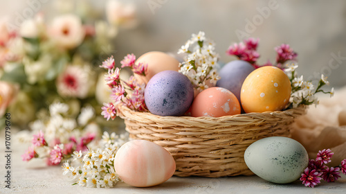 Colorful Easter Eggs in Basket with Flowers – Spring Holiday Decoration