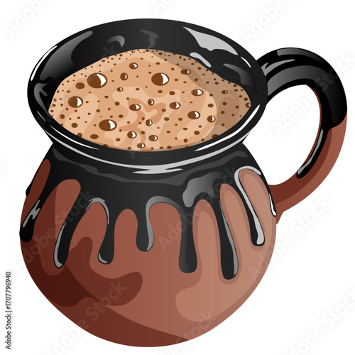 Champurrado Mug Illustration – Traditional Mexican Hot Chocolate Atole in Clay Cup Isolated