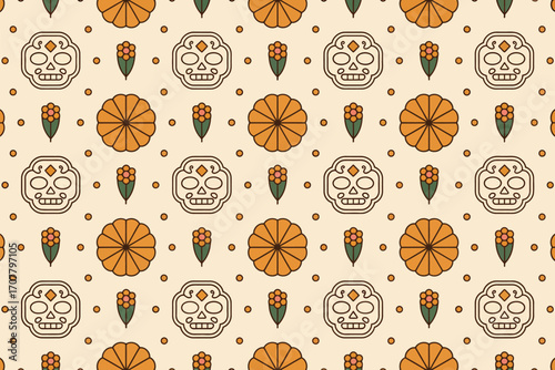 Seamless pattern featuring skulls pumpkins and flowers in a symmetrical arrangement design element 100