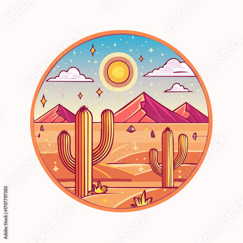 Pixel Art Desert Landscape With Cacti Mountains And Sunset