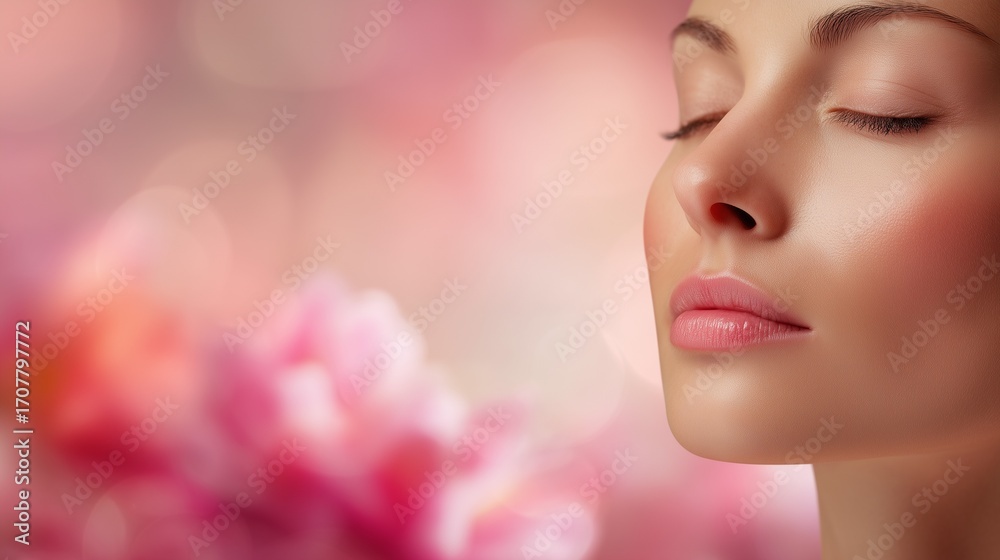 Fototapeta premium Close-up of a woman's face in profile with her eyes closed, soft pink lips, and a flawless complexion, set against a blurred background of pink floral bokeh