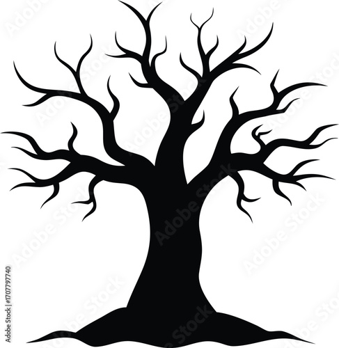 Black Silhouette of Spooky Tree, Halloween Concept