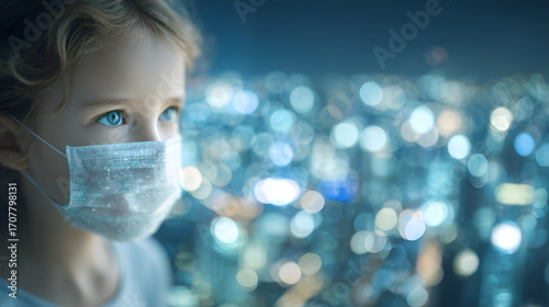 Child wearing mask in polluted urban environment