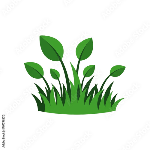 Simple flat vector illustration of lush green grass with broad leaves, a symbol of nature, growth, and environmental concepts isolated on a white background