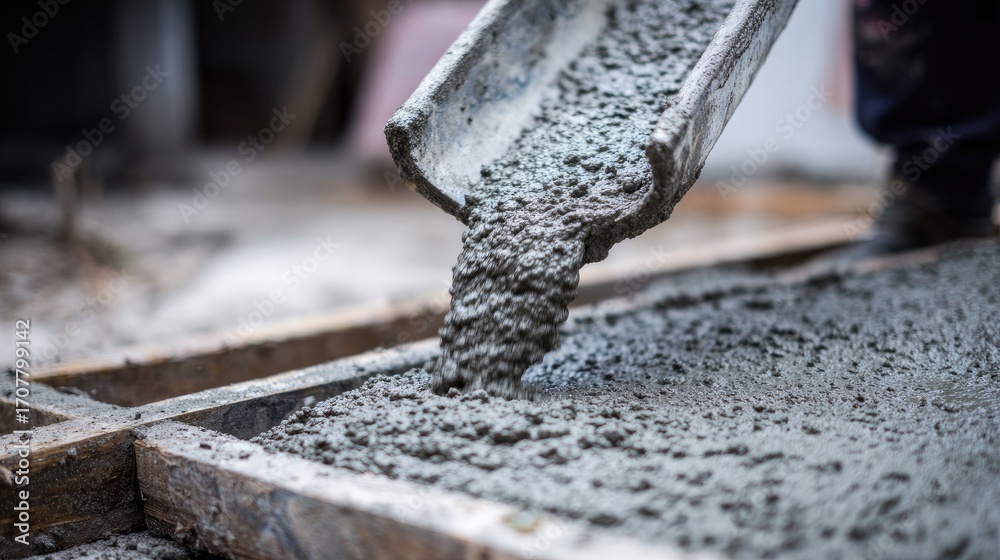 Fototapeta premium Worker Pouring Fresh Concrete Mixture into Wooden Form for Construction Project