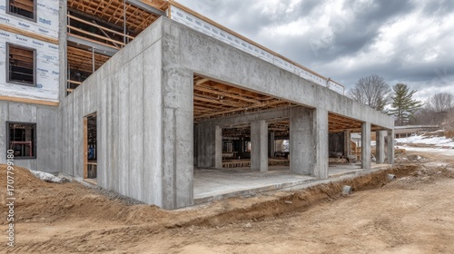 Wallpaper Mural Modern construction site showcasing concrete framework and architectural design under cloudy sky Torontodigital.ca