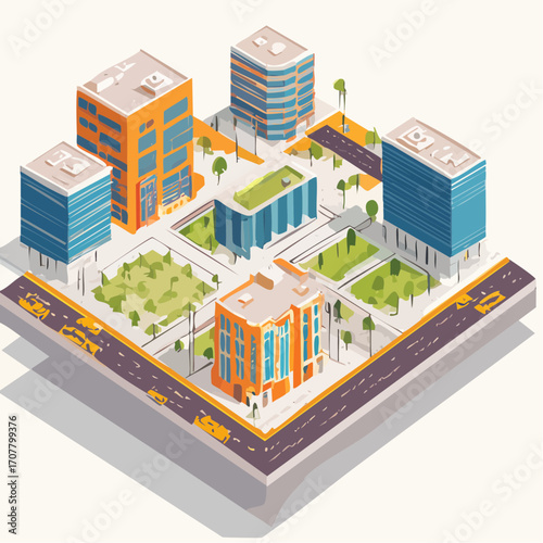 Isometric City Block With Modern Buildings And Green Areas