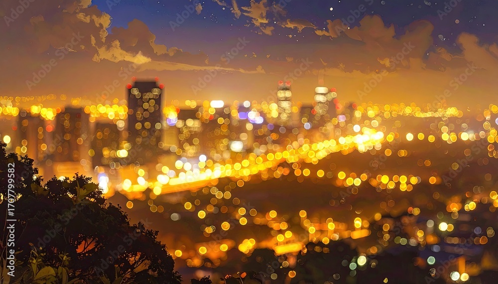 Fototapeta premium Night Panorama of Illuminated Cityscape with Bokeh Lights from Hilltop View Point Under Starry Sky