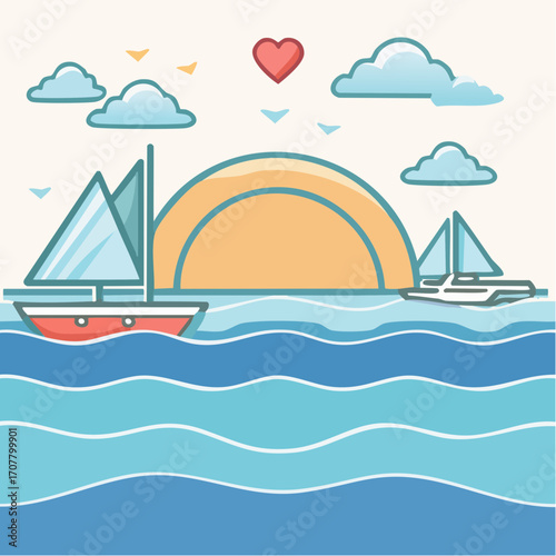 Pixel Art Ocean Sunset Scene With Sailboats and Clouds