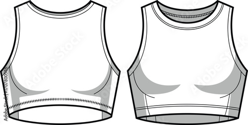 Vector technical flat sketch fashion sports bra crop top, women activewear apparel design template, front and back view illustration, seamless mockup clothing design