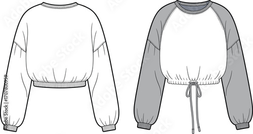 Short sleeve hoodie with lace-up front, front and back views, fashion flat sketch, unisex casual wear, vector apparel template, technical garment drawing, mockup