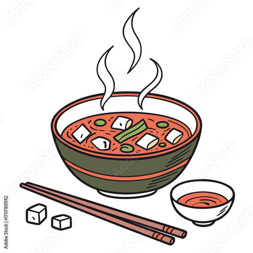 Steaming Bowl of Miso Soup with Tofu and Chopsticks on White Keywords: miso soup, japanese food, asian