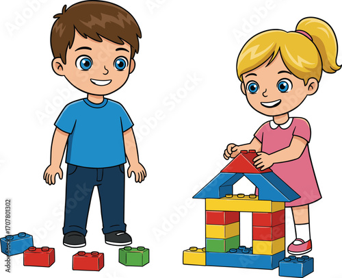 Happy boy and girl playing with colorful building blocks, creative kids, teamwork, early childhood learning, playful fun, educational toys, children development