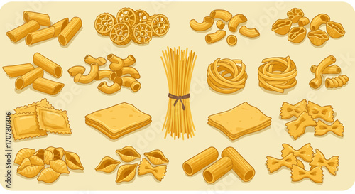 An illustration of various types of pasta, including rigatoni, rotelle, elbow macaroni, spaghetti, ravioli, lasagna sheets, and farfalle, arranged on a light yellow background.