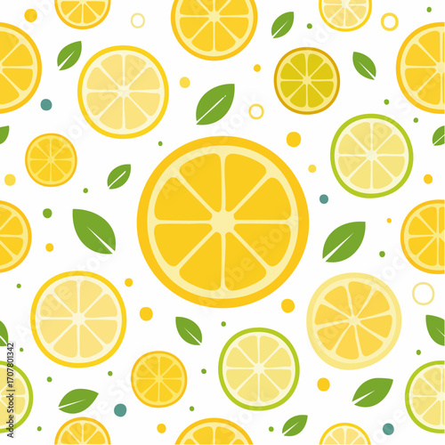 Seamless Citrus Pattern With Lemon And Lime Slices On White Background