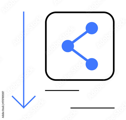 Blue share network graphic inside square, downward arrow, black lines for structure. Ideal for technology, communication, data exchange, networking, file sharing, collaboration simple landing page