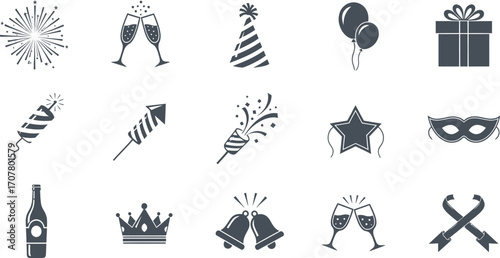 Celebrate joy with festive icons fireworks champagne party hats balloons gifts masks and more