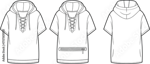 Short sleeve hoodie with lace-up neckline, front and back views, fashion flat sketch, unisex casual wear, technical garment template, vector clothing design mockup