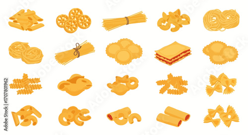 An assortment of various pasta types, including rotelle, spaghetti, ravioli, lasagna, fusilli, and cannelloni, arranged on a white background.