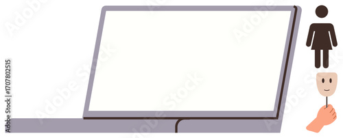 Blank laptop screen with male and female icons alongside a hand holding a mask, symbolizing identity, digital interaction, and anonymity. Ideal for technology, social behavior, online privacy, user