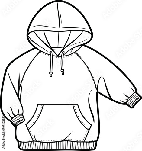 Lace-up hoodie flat sketch, short sleeve hoodie front and back view, fashion technical drawing, unisex casual wear template, vector garment design mockup