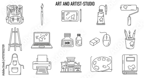 Black and white line art illustration depicting various art supplies and studio equipment, including a backpack, easel, laptop, and paint supplies.
