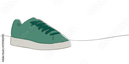 Minimalist continuous line drawing of a green sneaker with white sole. Outline illustration for casual fashion, streetwear, sportswear, and footwear design projects